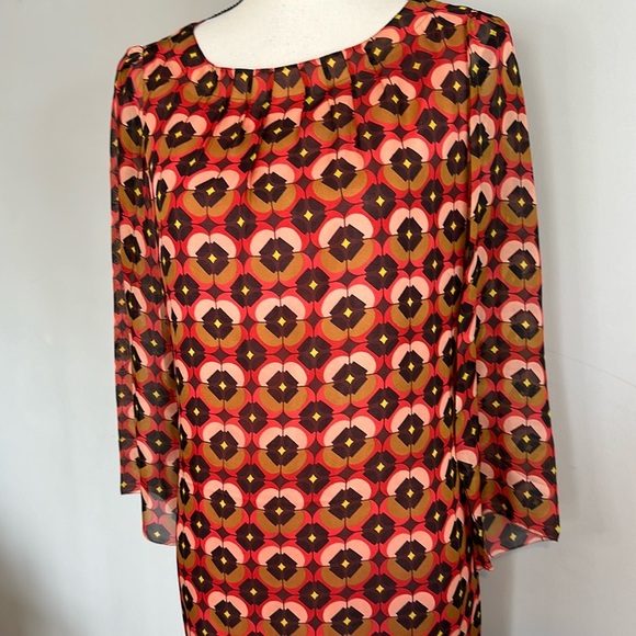 Fossil 100% Silk Quarter Sleeve Mod 70s Style Midi Floral Design Dress Medium - Picture 2 of 7